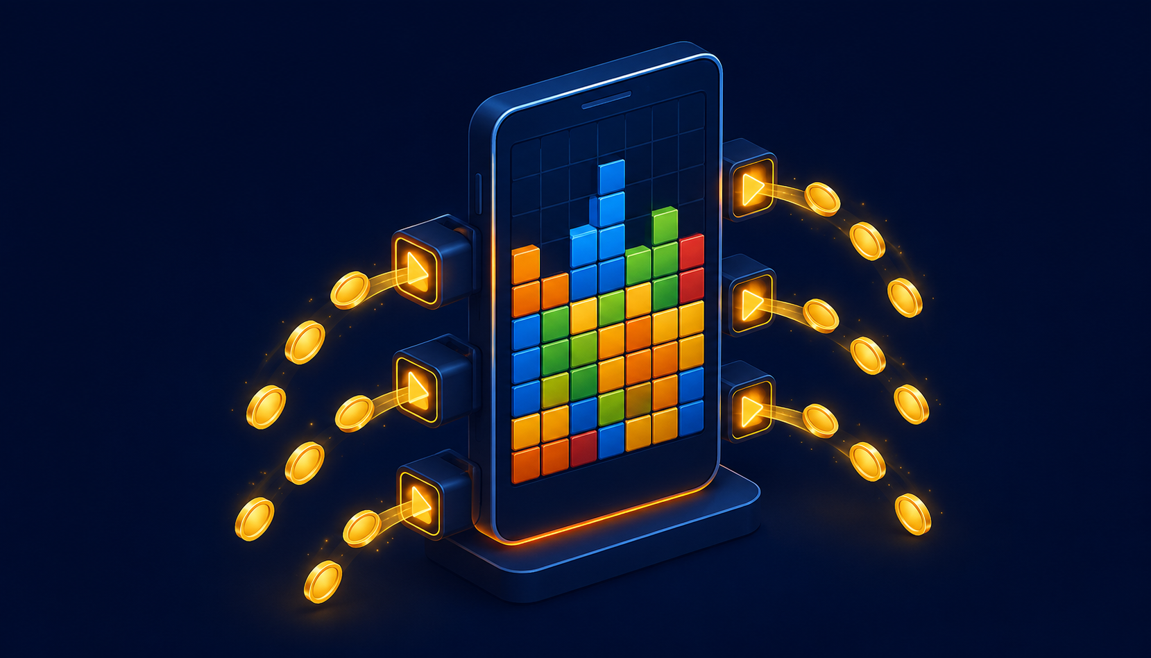 A phone running a block puzzle flanked by rewarded-ad play buttons streaming gold coins — the in-app advertising money machine